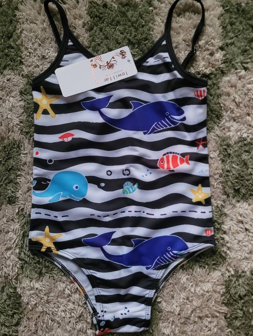 Black & White Striped Kids' One-Piece Swimsuit with Blue Whale Print